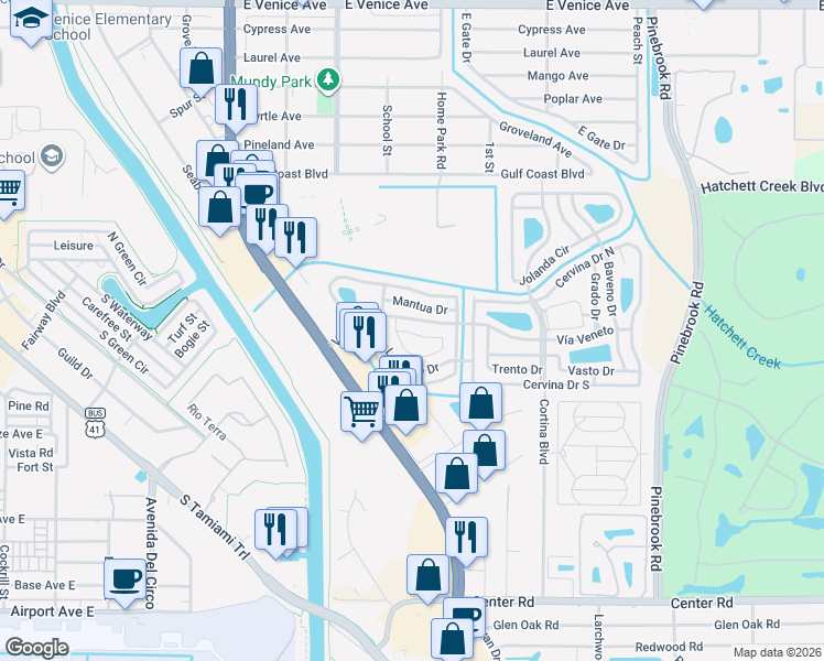 map of restaurants, bars, coffee shops, grocery stores, and more near 213 Como Drive in Venice