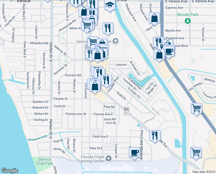 map of restaurants, bars, coffee shops, grocery stores, and more near 108 Fairway Boulevard in Venice