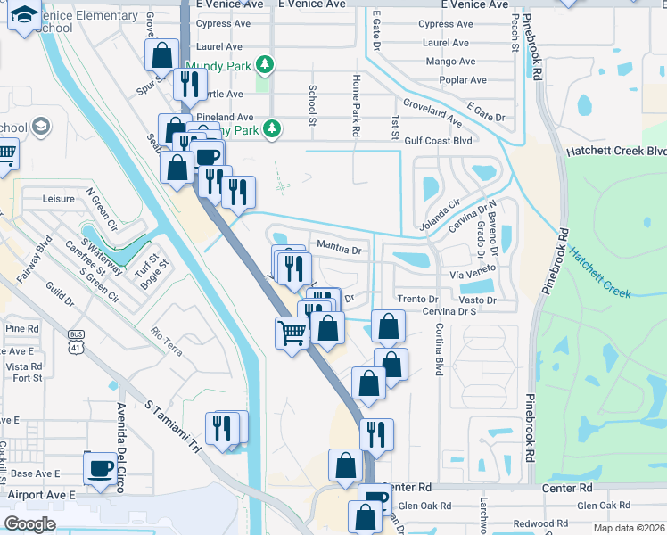 map of restaurants, bars, coffee shops, grocery stores, and more near 213 Como Drive in Venice