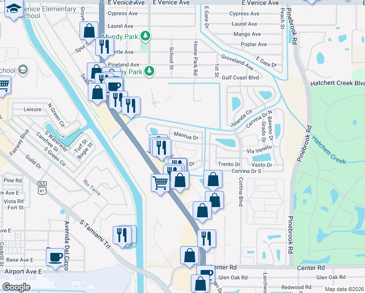 map of restaurants, bars, coffee shops, grocery stores, and more near 213 Como Drive in Venice