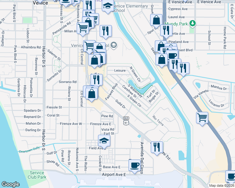 map of restaurants, bars, coffee shops, grocery stores, and more near 712 Golf Drive in Venice
