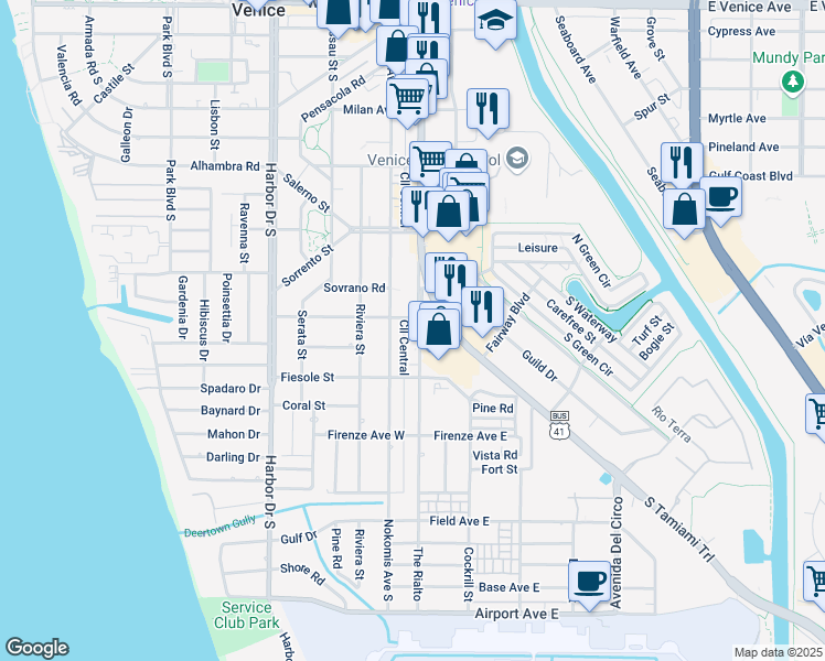map of restaurants, bars, coffee shops, grocery stores, and more near 706 The Rialto in Venice