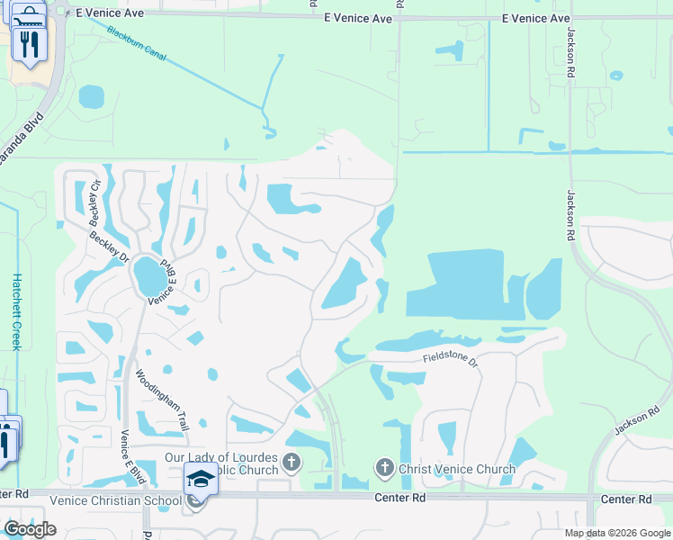 map of restaurants, bars, coffee shops, grocery stores, and more near 316 Venice Golf Club Drive in Venice