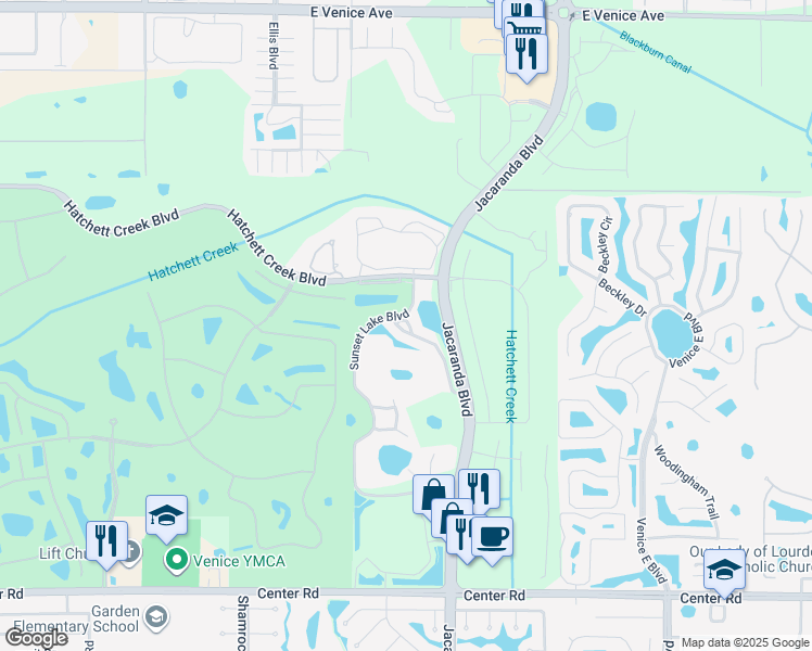 map of restaurants, bars, coffee shops, grocery stores, and more near 201 Silver Lake Drive in Venice