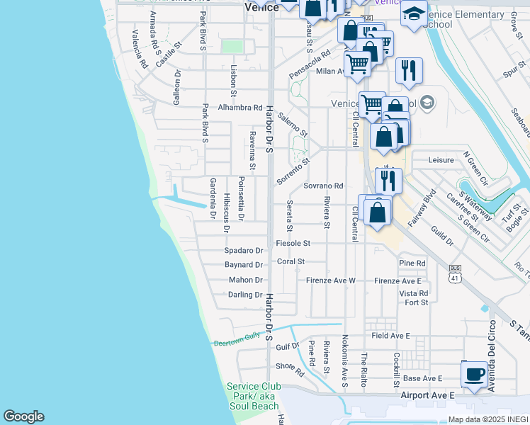 map of restaurants, bars, coffee shops, grocery stores, and more near 704 Harbor Drive South in Venice