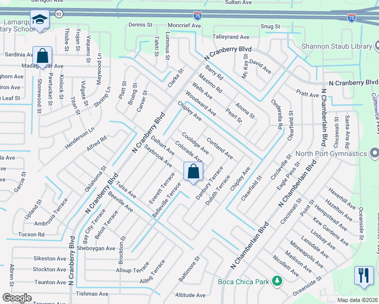 map of restaurants, bars, coffee shops, grocery stores, and more near 2666 Dalhart Avenue in North Port