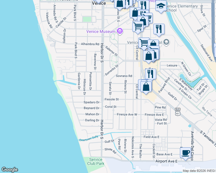 map of restaurants, bars, coffee shops, grocery stores, and more near 704 Serata Street in Venice