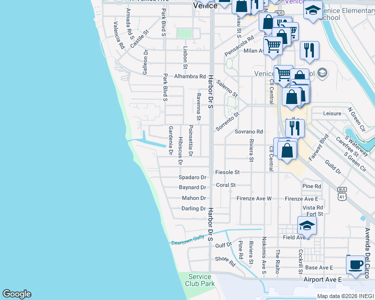 map of restaurants, bars, coffee shops, grocery stores, and more near 626 Poinsettia Drive in Venice