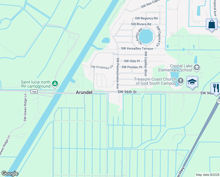 map of restaurants, bars, coffee shops, grocery stores, and more near 9646 Southwest Purple Martin Way in Stuart