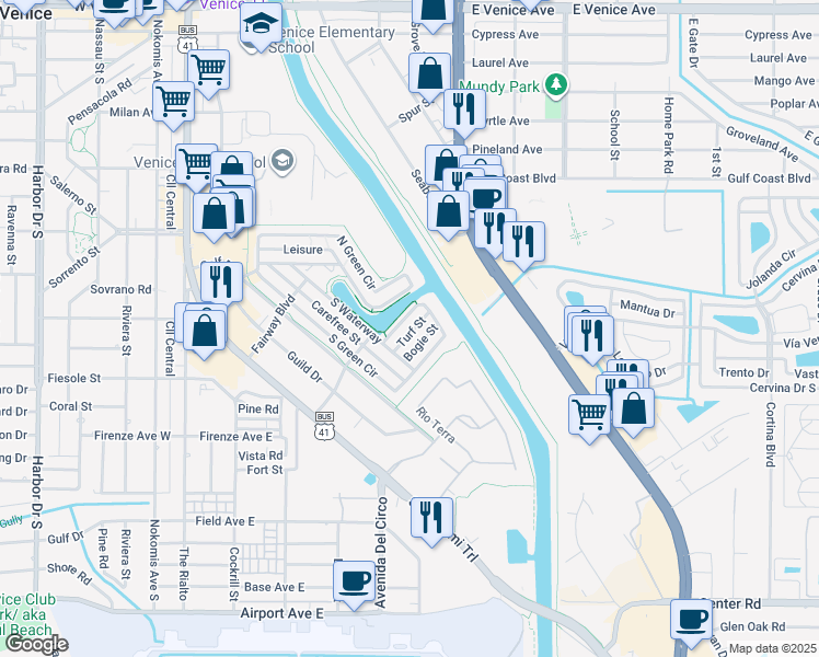 map of restaurants, bars, coffee shops, grocery stores, and more near 814 Turf Street in Venice