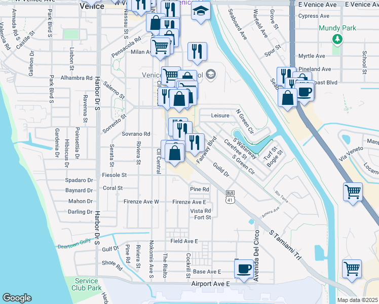 map of restaurants, bars, coffee shops, grocery stores, and more near 649 U.S. 41 Business in Osprey