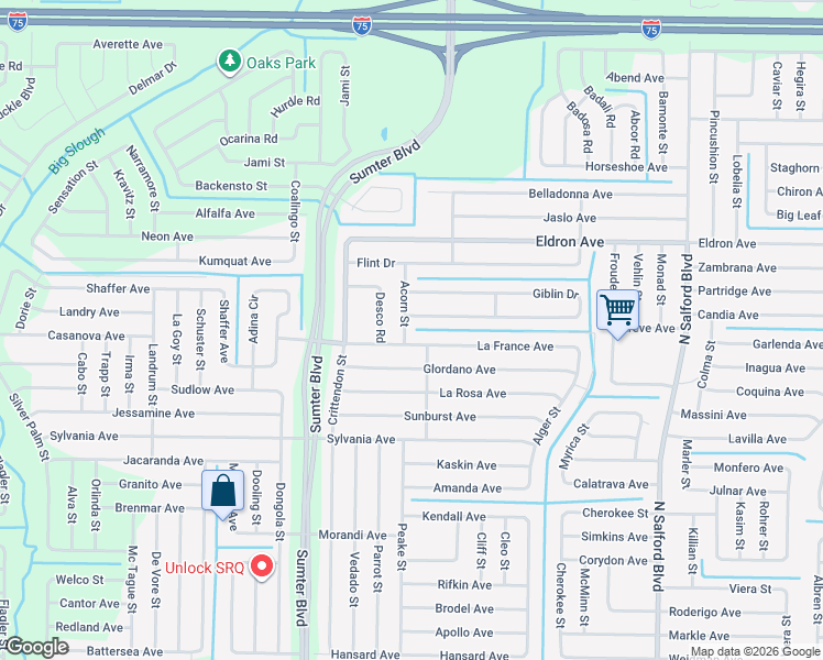 map of restaurants, bars, coffee shops, grocery stores, and more near 3546 Acorn Street in North Port