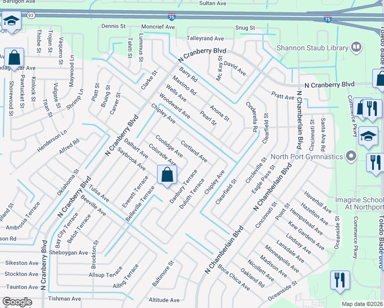 map of restaurants, bars, coffee shops, grocery stores, and more near 2536 Coolidge Avenue in North Port