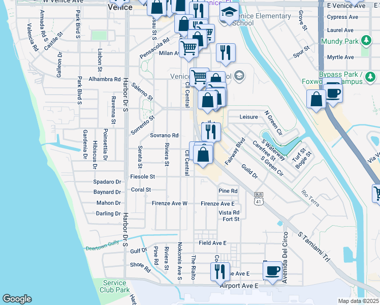 map of restaurants, bars, coffee shops, grocery stores, and more near 706 The Rialto in Venice