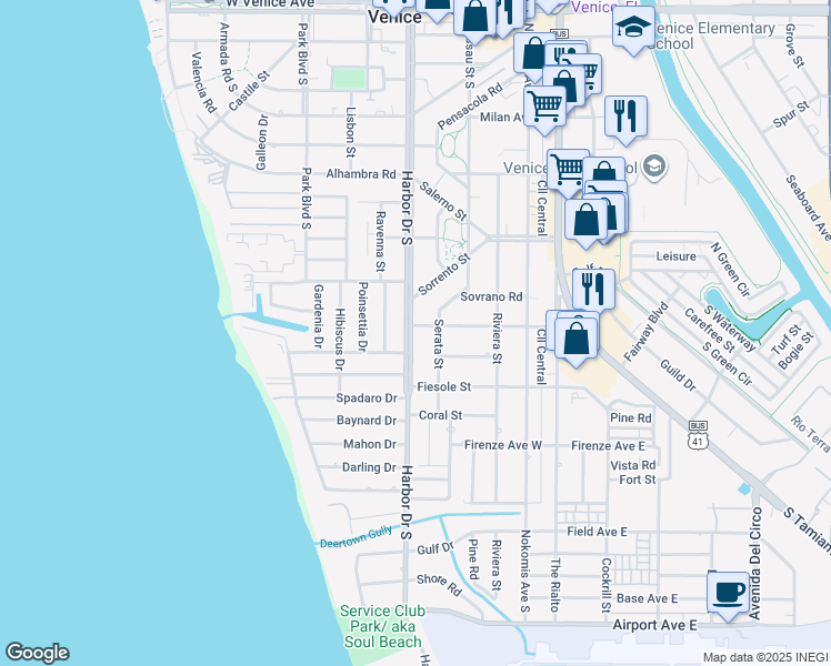 map of restaurants, bars, coffee shops, grocery stores, and more near 704 Harbor Drive South in Venice