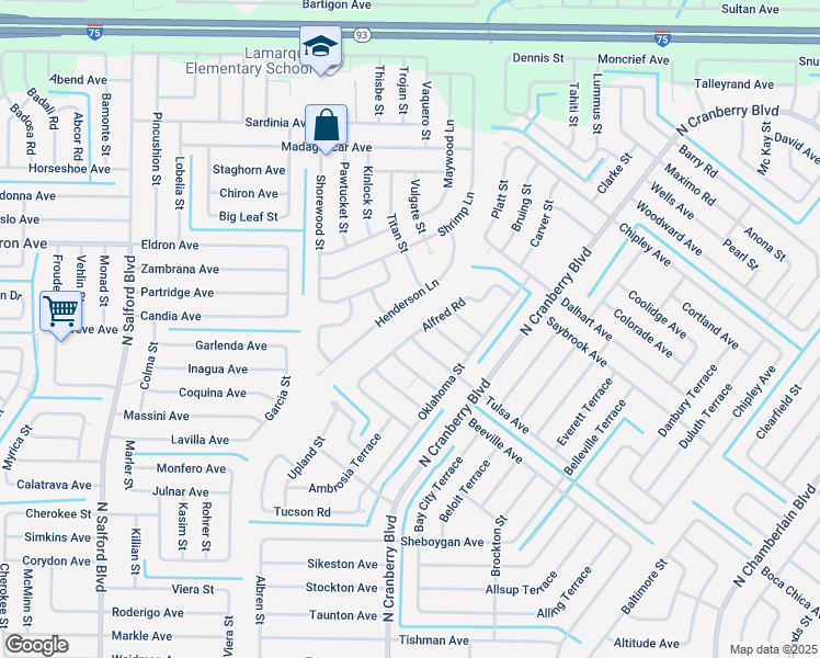 map of restaurants, bars, coffee shops, grocery stores, and more near 3609 Alfred Road in North Port