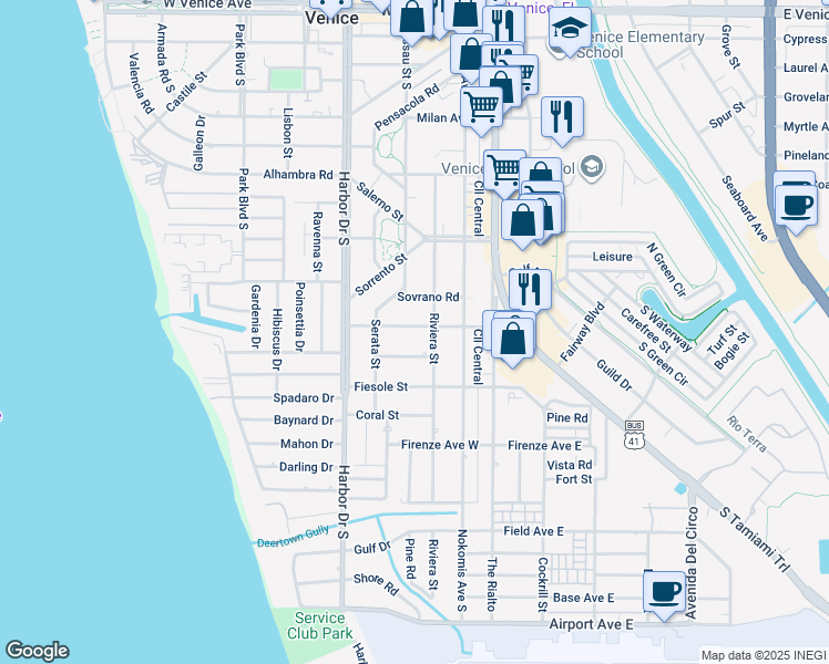 map of restaurants, bars, coffee shops, grocery stores, and more near 215 San Marco Drive in Venice