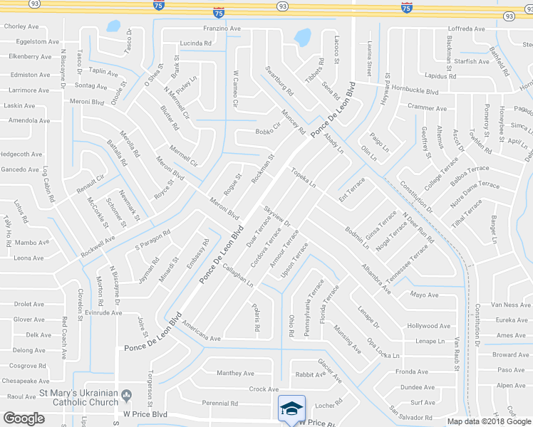 map of restaurants, bars, coffee shops, grocery stores, and more near 3299 Duar Terrace in North Port