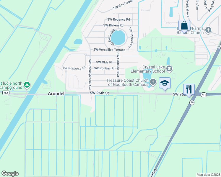 map of restaurants, bars, coffee shops, grocery stores, and more near 2700 Southwest Monarch Trail in Stuart