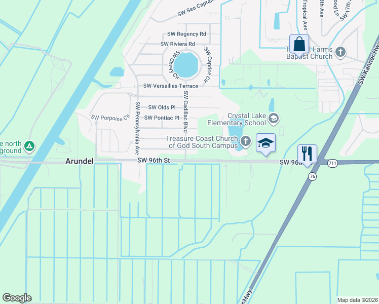 map of restaurants, bars, coffee shops, grocery stores, and more near 2602 Southwest Monarch Trail in Stuart