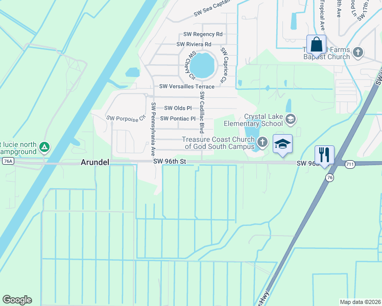 map of restaurants, bars, coffee shops, grocery stores, and more near 2700 Southwest Monarch Trail in Stuart