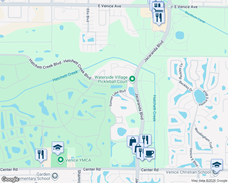 map of restaurants, bars, coffee shops, grocery stores, and more near 331 Sunset Lake Boulevard in Venice