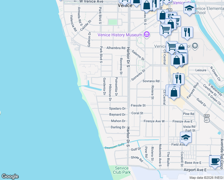 map of restaurants, bars, coffee shops, grocery stores, and more near 626 Poinsettia Drive in Venice