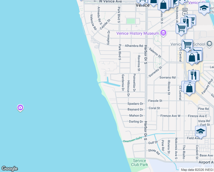 map of restaurants, bars, coffee shops, grocery stores, and more near 700 Golden Beach Boulevard in Venice