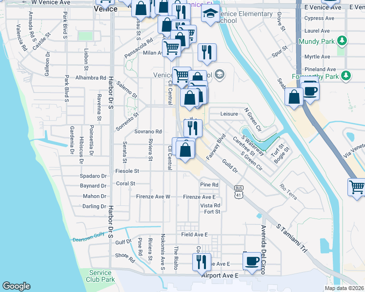 map of restaurants, bars, coffee shops, grocery stores, and more near 706 The Rialto in Venice