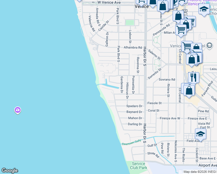 map of restaurants, bars, coffee shops, grocery stores, and more near 908 Villas Drive in Venice