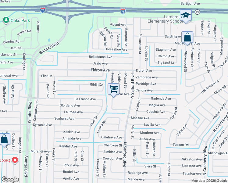 map of restaurants, bars, coffee shops, grocery stores, and more near 3578 Froude Street in North Port