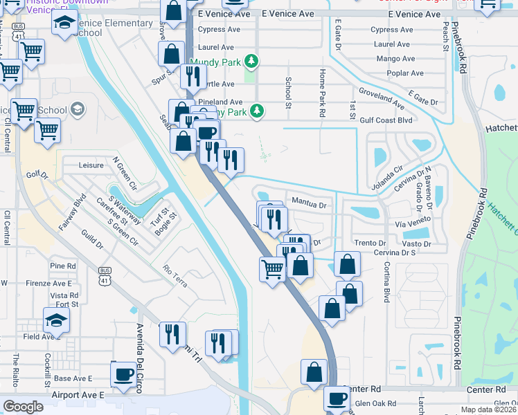 map of restaurants, bars, coffee shops, grocery stores, and more near 101 Roma Road in Venice