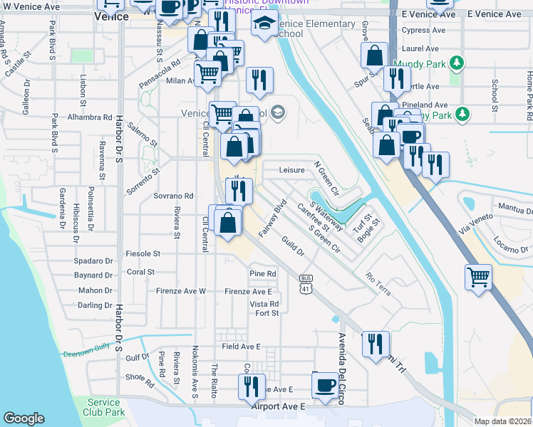 map of restaurants, bars, coffee shops, grocery stores, and more near 108 Fairway Boulevard in Venice