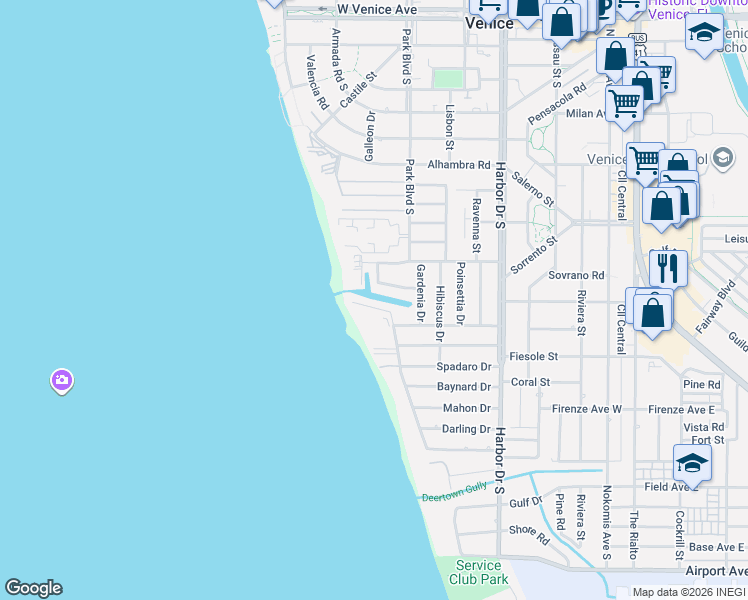 map of restaurants, bars, coffee shops, grocery stores, and more near 908 Villas Drive in Venice