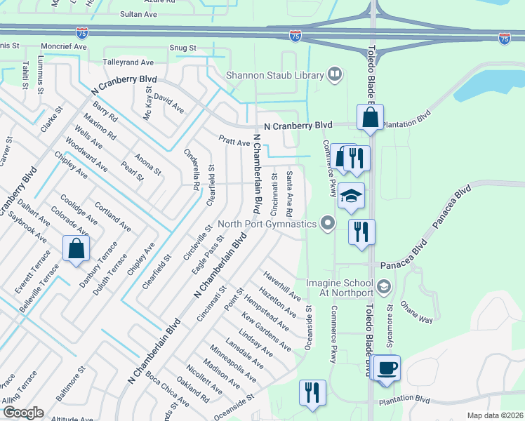 map of restaurants, bars, coffee shops, grocery stores, and more near 3788 North Chamberlain Boulevard in North Port
