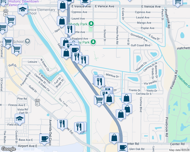 map of restaurants, bars, coffee shops, grocery stores, and more near 101 Roma Road in Venice