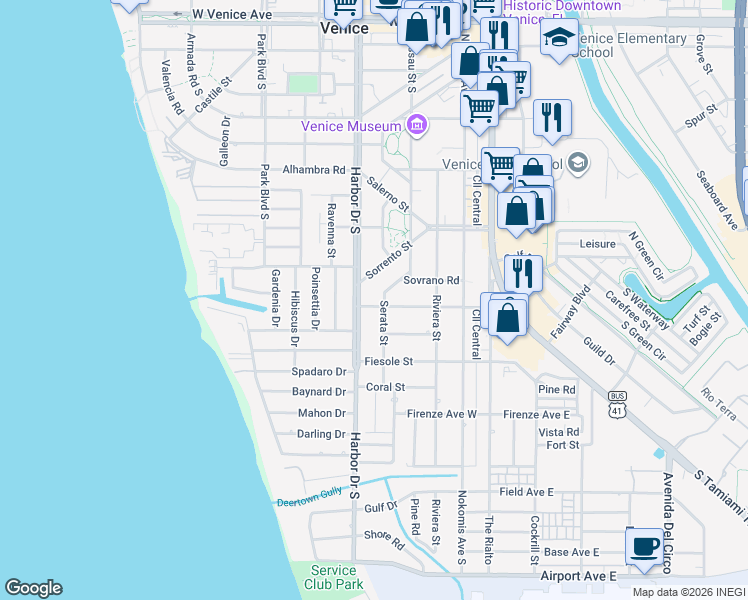 map of restaurants, bars, coffee shops, grocery stores, and more near 704 Serata Street in Venice