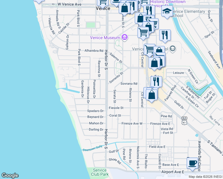 map of restaurants, bars, coffee shops, grocery stores, and more near 704 Serata Street in Venice