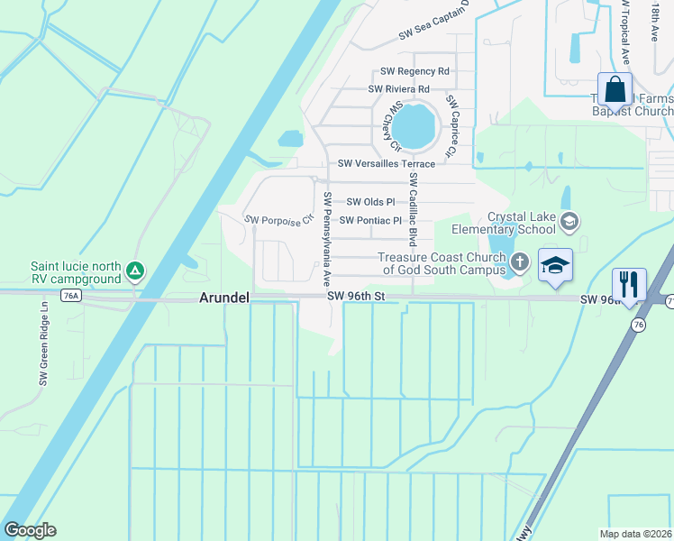 map of restaurants, bars, coffee shops, grocery stores, and more near 2899 Southwest Toronado Trail in Stuart