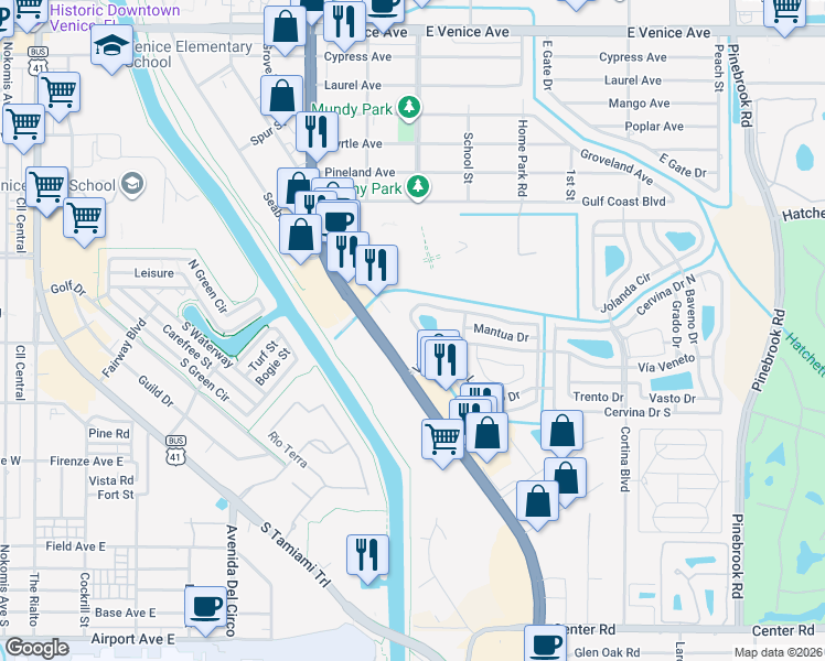 map of restaurants, bars, coffee shops, grocery stores, and more near 128 Roma Road in Venice
