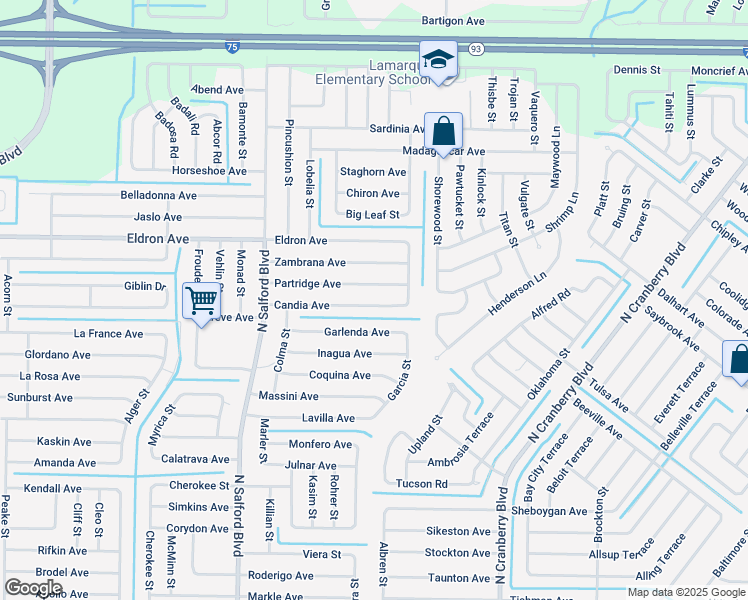 map of restaurants, bars, coffee shops, grocery stores, and more near 3634 Partridge Avenue in North Port