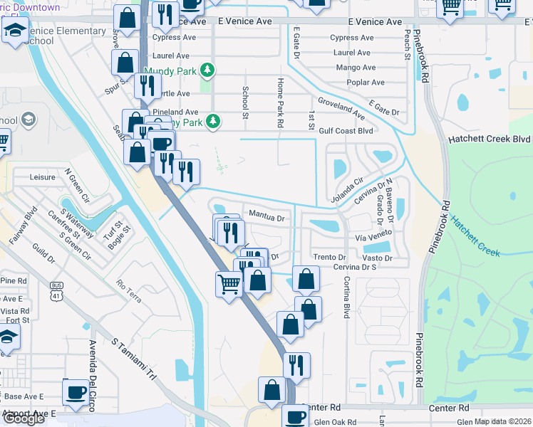 map of restaurants, bars, coffee shops, grocery stores, and more near 303 Roma Road in Venice