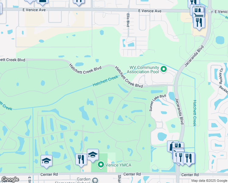 map of restaurants, bars, coffee shops, grocery stores, and more near 1629 San Silvestro Drive in Venice