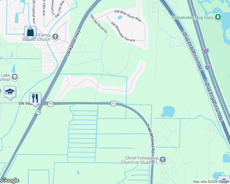 map of restaurants, bars, coffee shops, grocery stores, and more near 1063 Southwest Balmoral Trce in Stuart