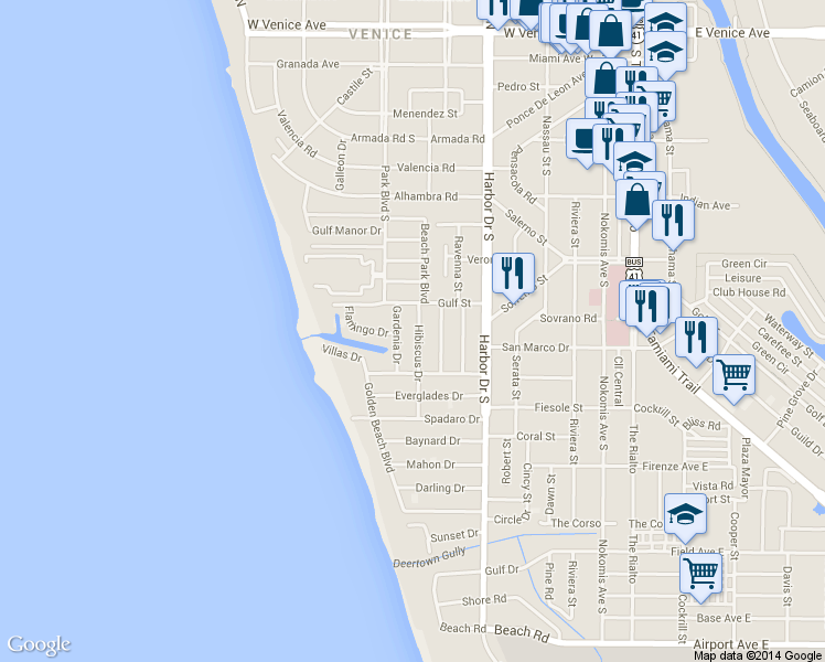 map of restaurants, bars, coffee shops, grocery stores, and more near 605 Gardenia Drive in Venice