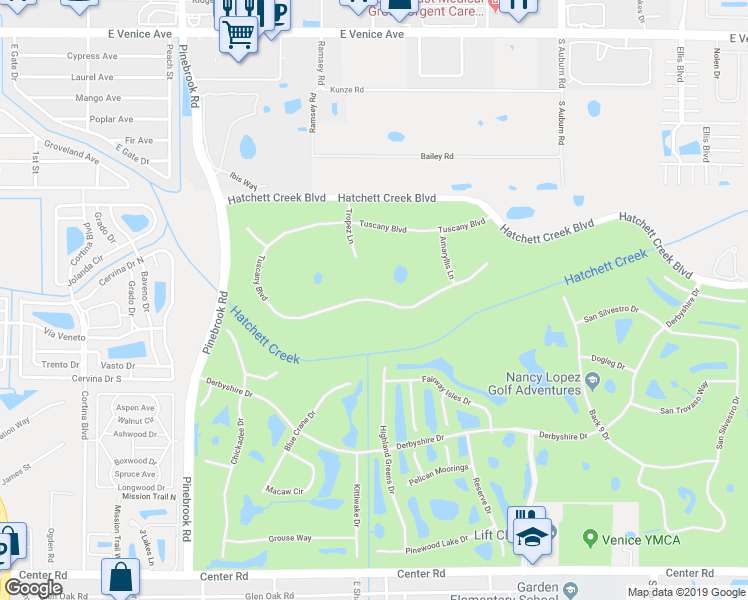 map of restaurants, bars, coffee shops, grocery stores, and more near 1199 Tuscany Boulevard in Venice