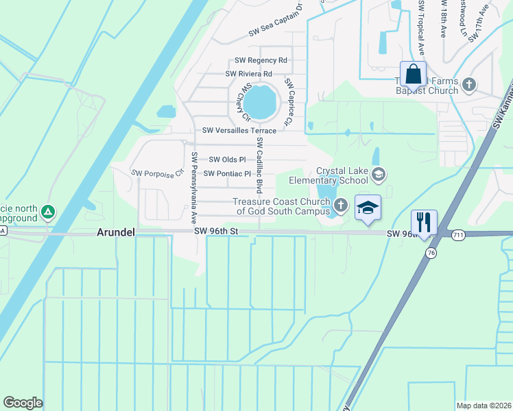map of restaurants, bars, coffee shops, grocery stores, and more near 2605 Southwest Toronado Trail in Stuart