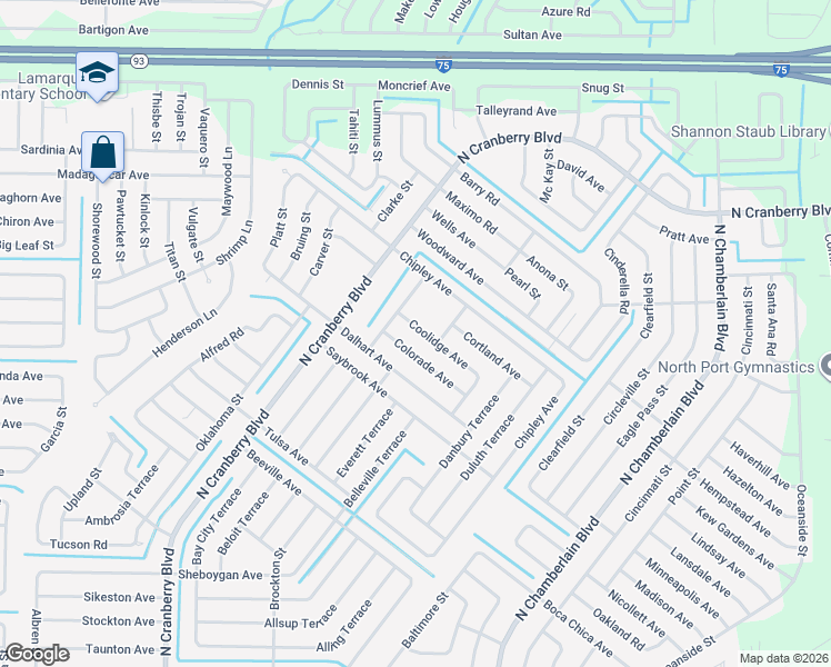 map of restaurants, bars, coffee shops, grocery stores, and more near 2834 Coolidge Avenue in North Port