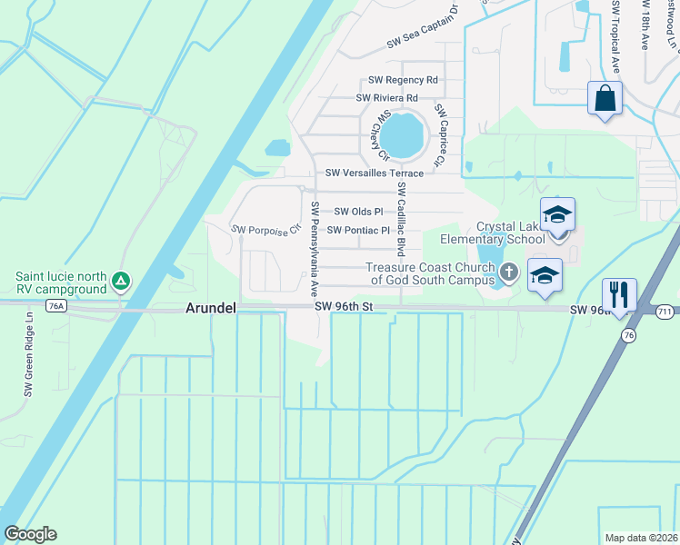 map of restaurants, bars, coffee shops, grocery stores, and more near 2801 Southwest Toronado Trail in Stuart