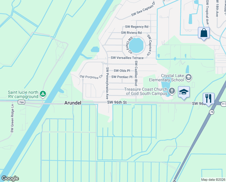 map of restaurants, bars, coffee shops, grocery stores, and more near 2801 Southwest Toronado Trail in Stuart